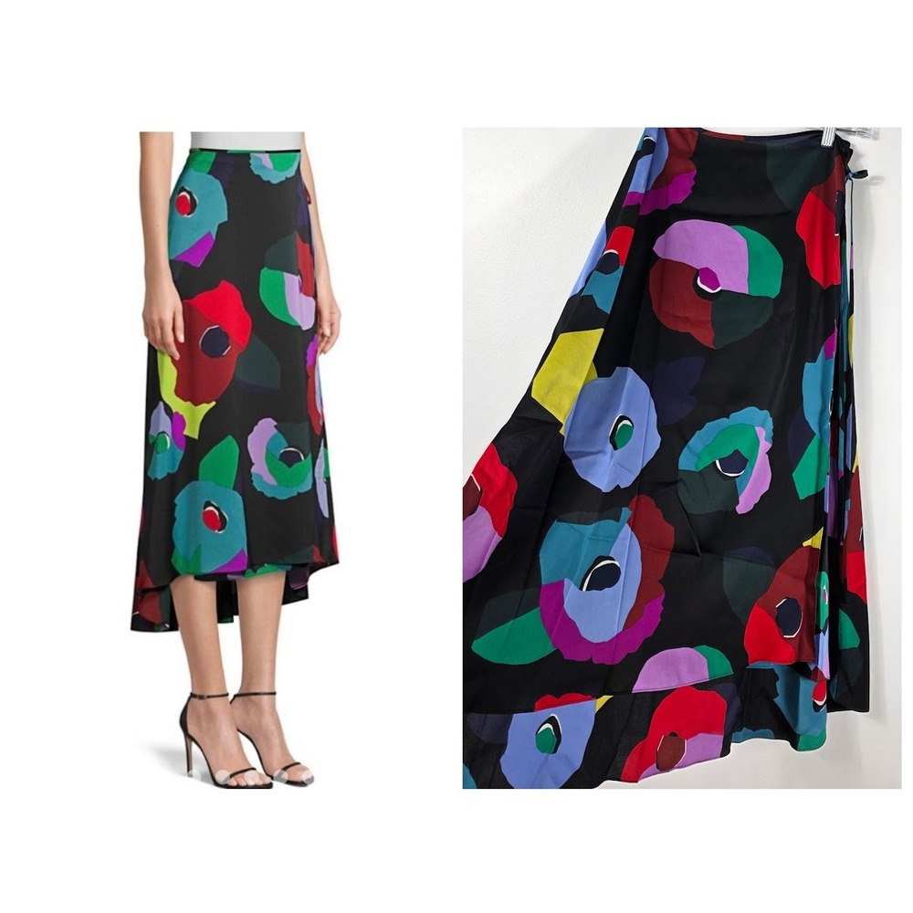 Kate Spade Floral Collage Skirt Women Size 2 Black High-Low Wrap Style Side Tie